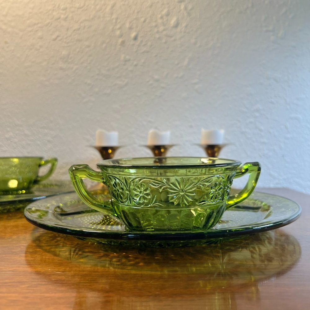 Rare Set 4, Green Daisy Glass Plates Bowls, Divided Indiana Glass Company